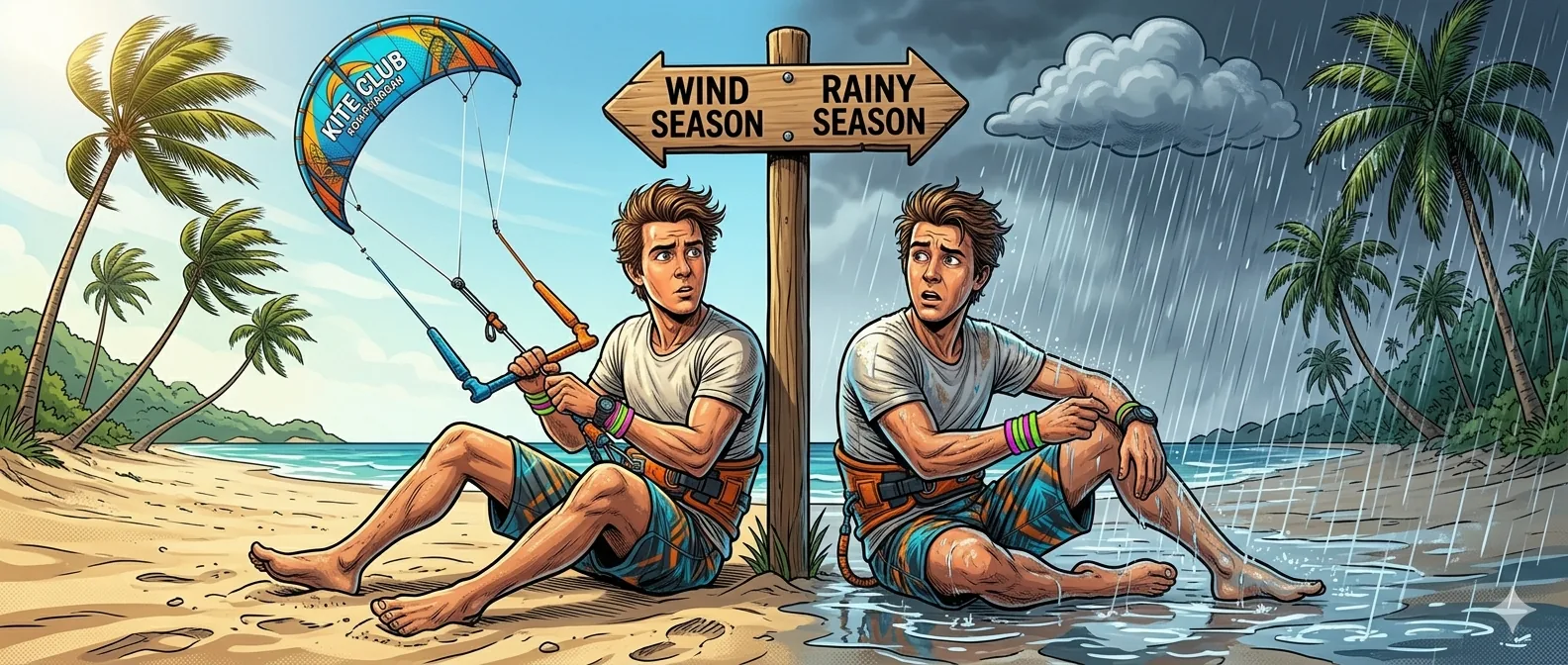Wind season vs rainy season sign on the beach, Koh Samui