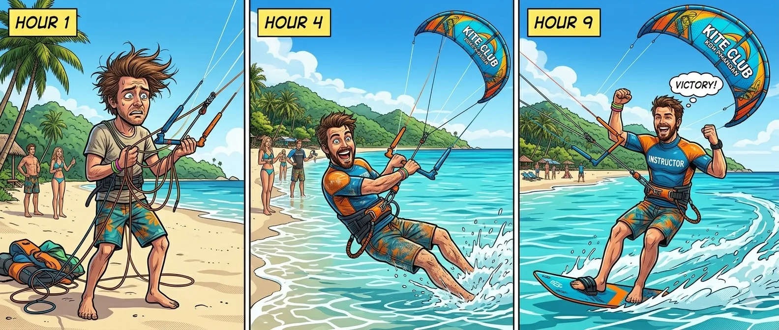 Beginner learning to kitesurf with an instructor on Koh Samui